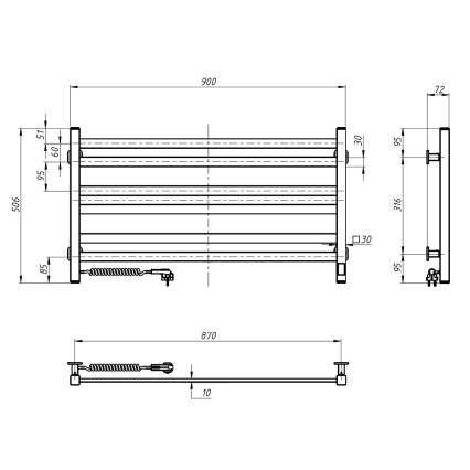 Sèche-serviettes pour salle de bains AVANGARD avec thermostat 316 W/230 V, 50,6 cm, IP44, noir, côté gauche, à angles droits