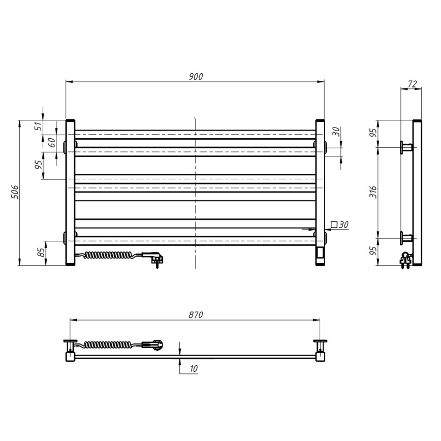 Sèche-serviettes pour salle de bains AVANGARD avec thermostat 316 W/230 V, 50,6 cm, IP44, noir, côté gauche, à angles droits