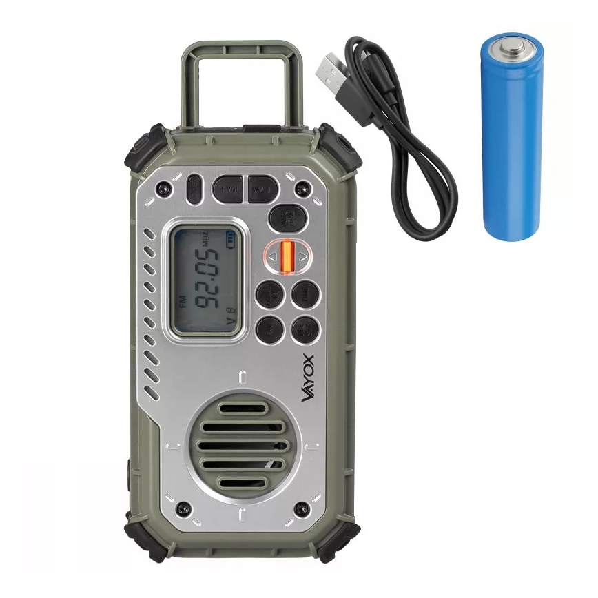 Radio de camping à manivelle avec panneau solaire et lampe LED dotée d'une fonction powerbank, 5V/3xAAA/2000 mAh, IPX4, vert