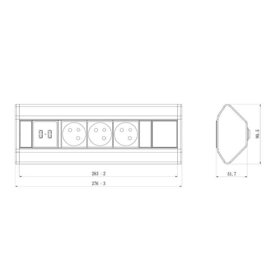 Rail pour prises d'angle 3x 230V + USB-A 3,1A + USB-C 15,5W 230V