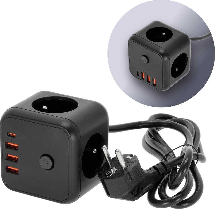 Rallonge cube avec interrupteur LINEA 3x230V + 4xUSB A/C noir