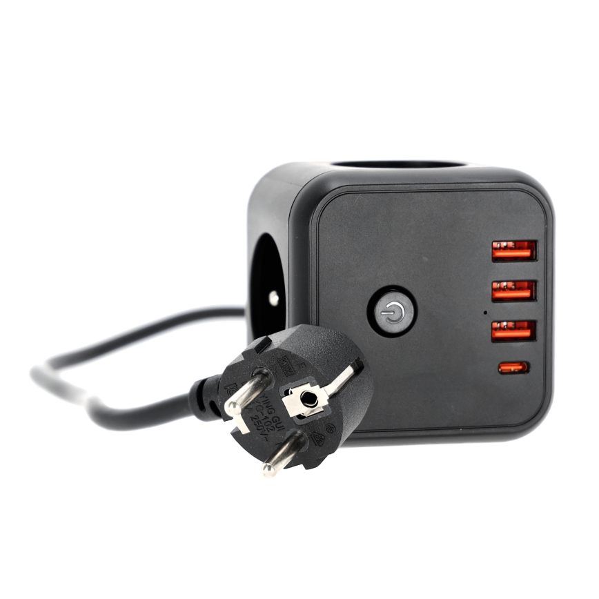 Rallonge cube avec interrupteur LINEA 3x230V + 4xUSB A/C noir