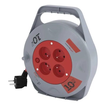 Rallonge enroulable 10 m avec 4 prises, gris/rouge