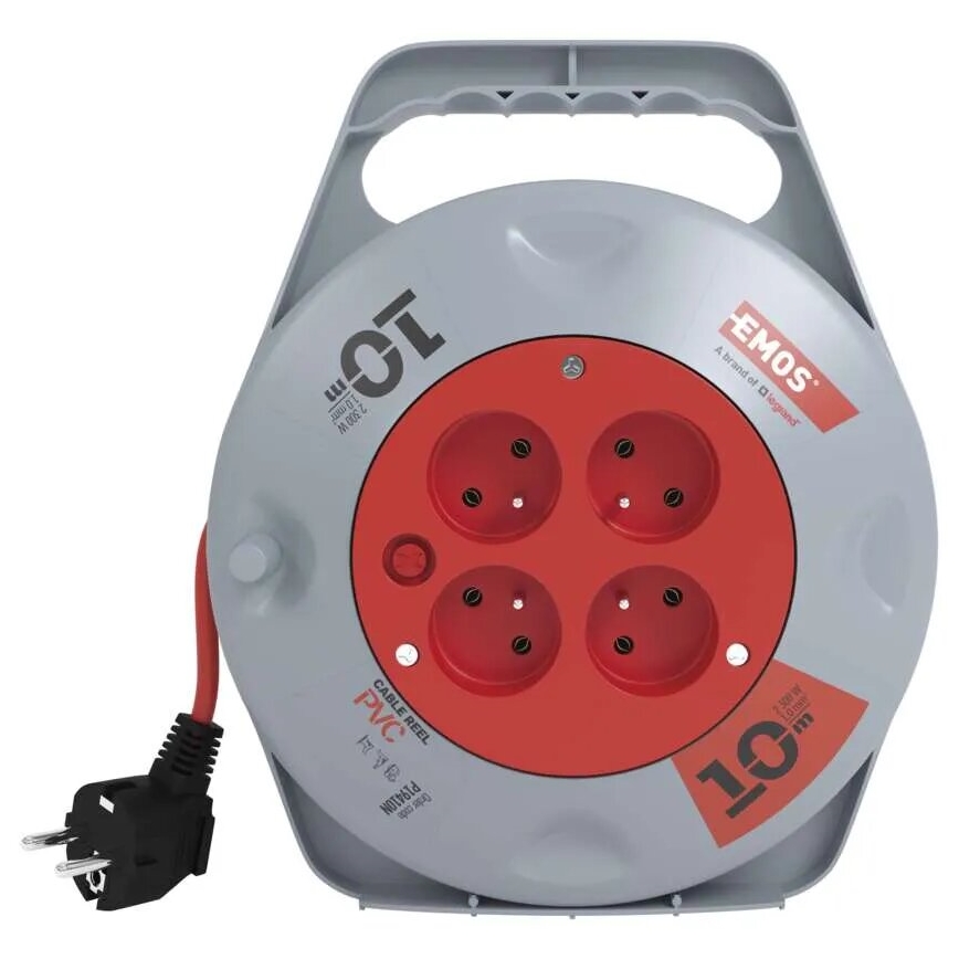 Rallonge enroulable 10 m avec 4 prises, gris/rouge