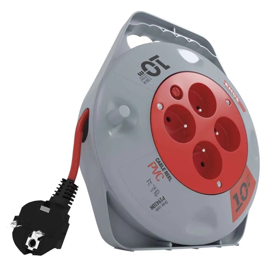 Rallonge enroulable 10 m avec 4 prises, gris/rouge