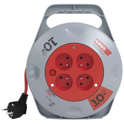 Rallonge sur tambour avec 4 prises 10m gris/rouge