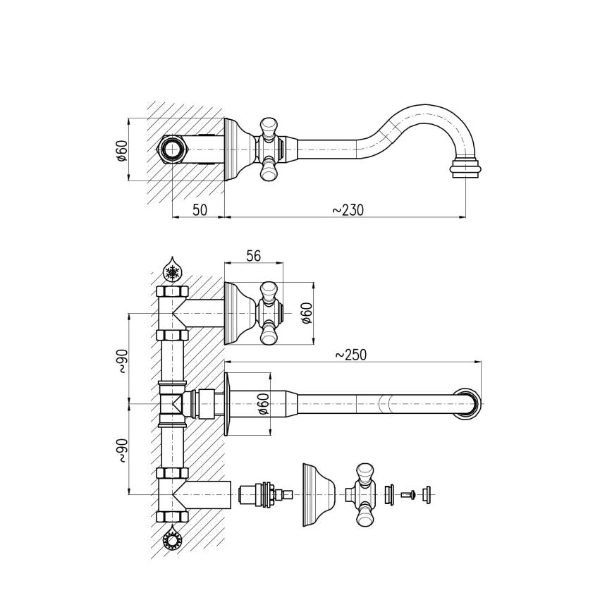 RAV Slezák MK131SM - Wastafelkraan voor inbouw MORAVA RETRO, antiek messing