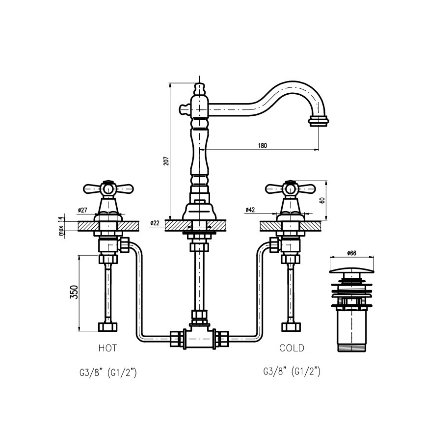 RAV Slezák MK132.0SM - Mitigeur de lavabo + vidage MORAVA RETRO en laiton vieilli