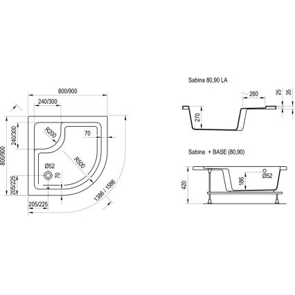 Ravak A217001020 - Receveur de douche quart de cercle SABINA 90x90 cm blanc