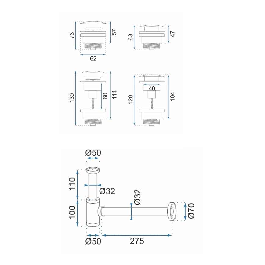 REA-A8541 - Wastafelsifon met CLICK-CLACK-afvoer Ø 6,4 cm roségoud