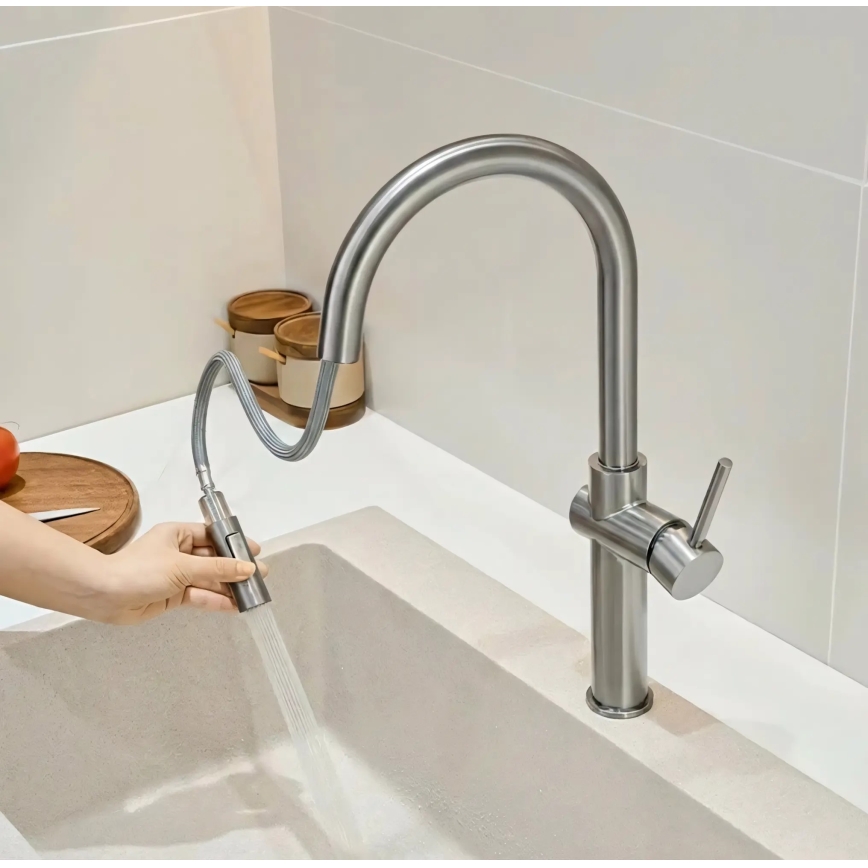 REA-B6330 - Mitigeur d'évier FRESH à douchette extractible, 45 cm, finition nickel