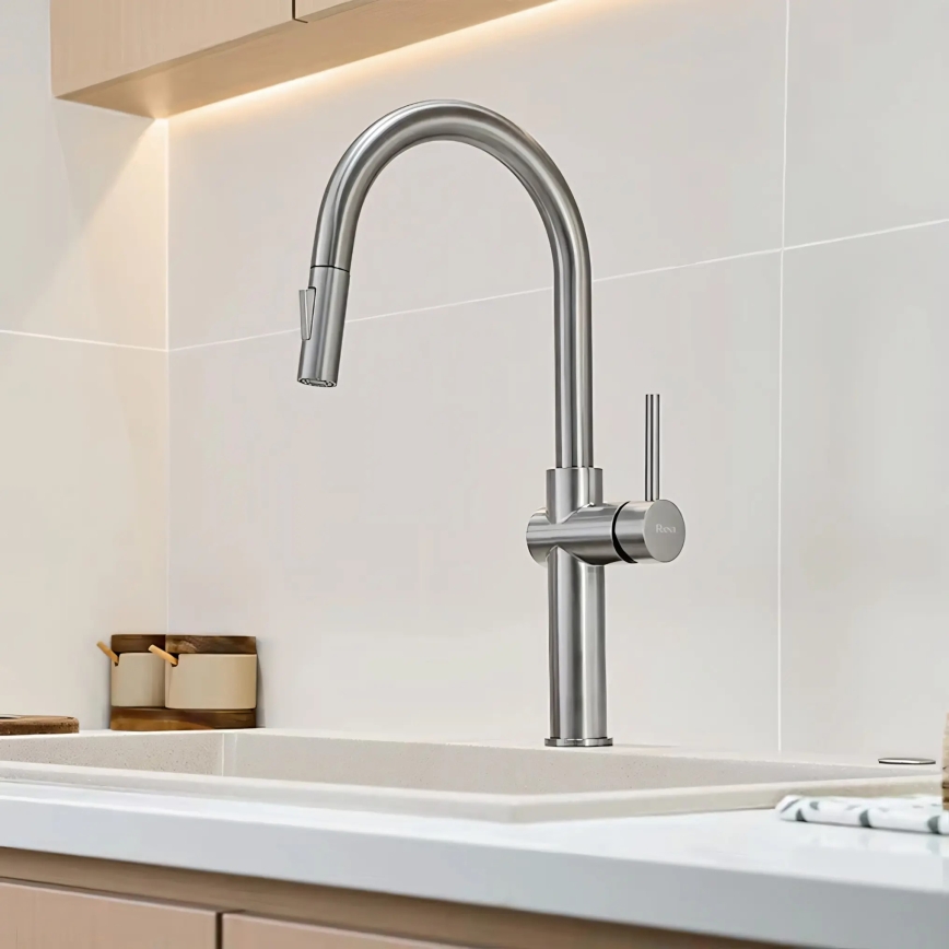 REA-B6330 - Mitigeur d'évier FRESH à douchette extractible, 45 cm, finition nickel