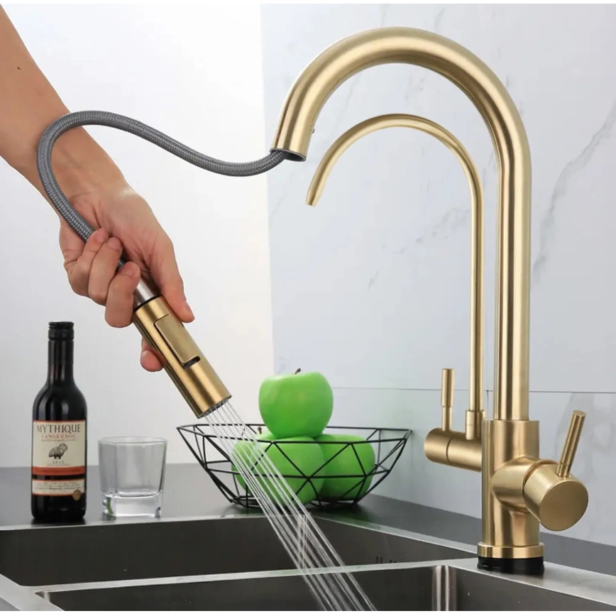 REA-B7596 - Keukenkraan met uittrekbare handdouche en ECO FRESH-filter, 37,5 cm, geborsteld goud