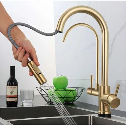 REA-B7596 - Mitigeur d'évier avec douchette extractible et filtration ECO FRESH, 37,5 cm, finition dorée brossée
