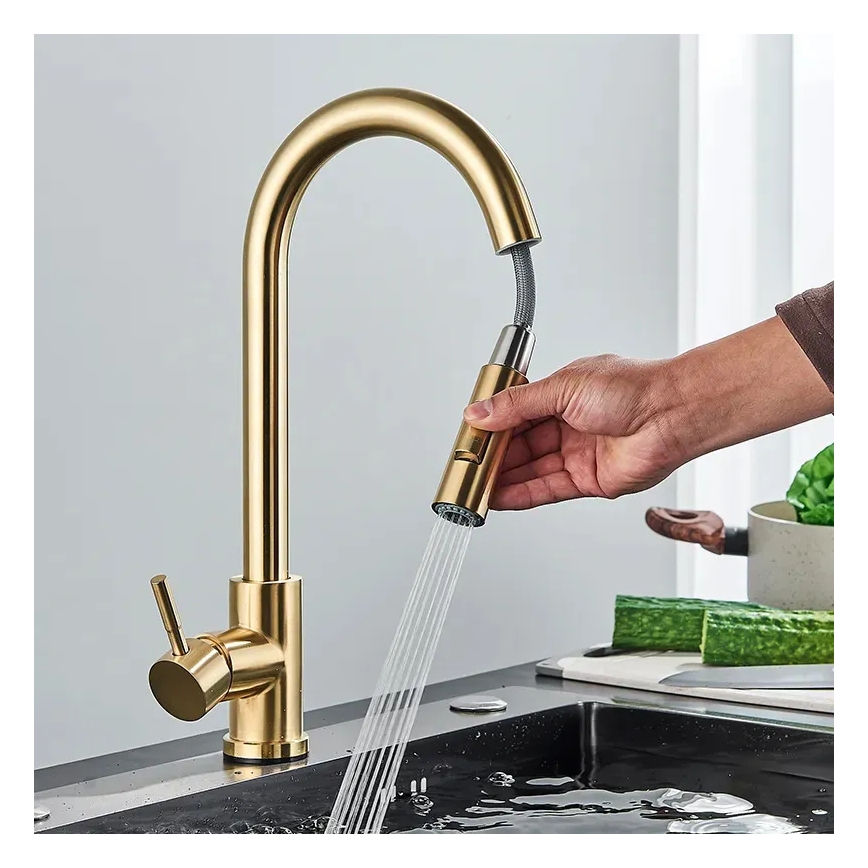REA-B9148 - Mitigeur d'évier FRESH avec douchette extractible, 39,5 cm, finition dorée brossée