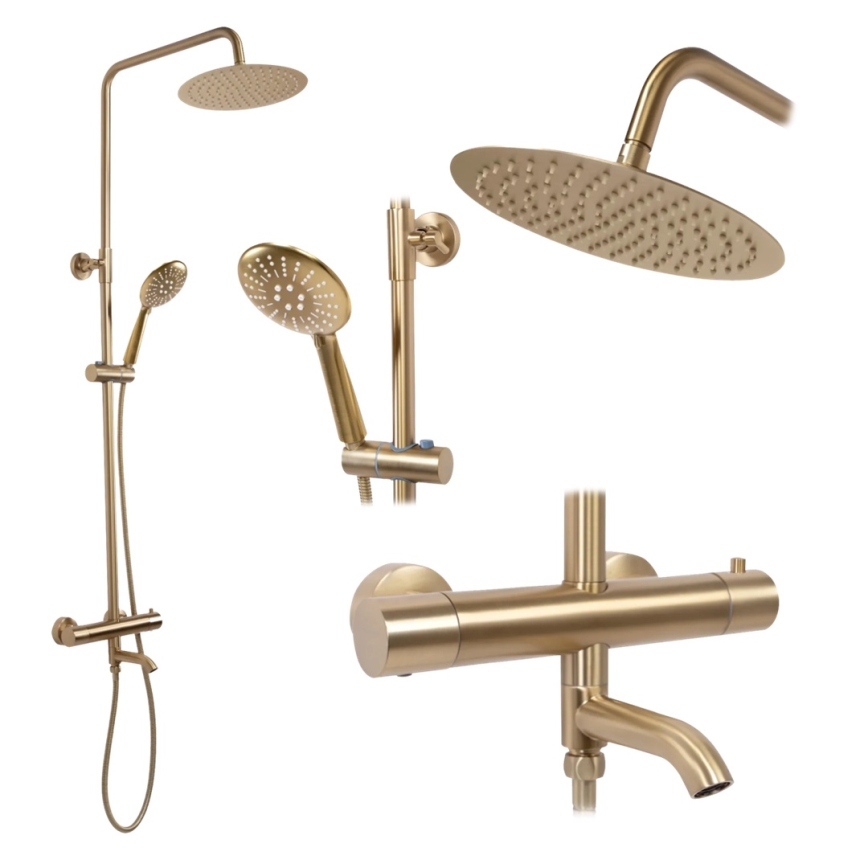REA-P6604 - Kit de douche LUNGO avec mitigeur thermostatique, finition dorée brossée