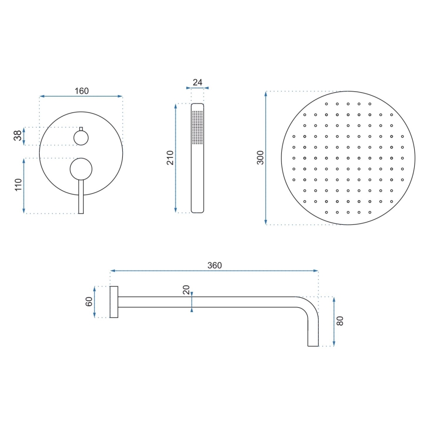 REA-P8007 - Ensemble de douche avec mitigeur encastré LUNGO, chromé brillant