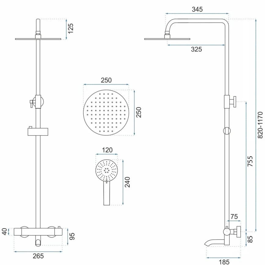 REA-P8807 - Doucheset met thermostatische mengkraan LUNGO, geborsteld koper