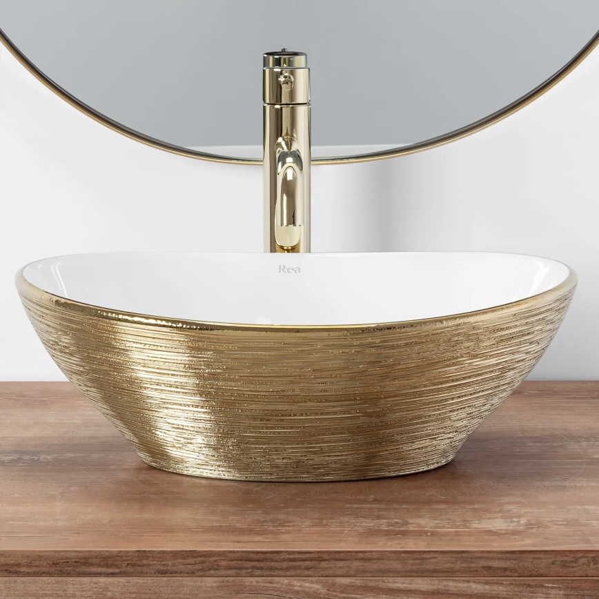 REA-U3697 - Opzetwastafel SOFIA 34,5x41 cm keramiek/wit/geborsteld goud