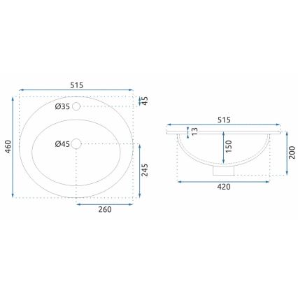 REA-U4122 - Inbouwwastafel DALIA 46 x 51,5 cm keramiek/glanzend wit