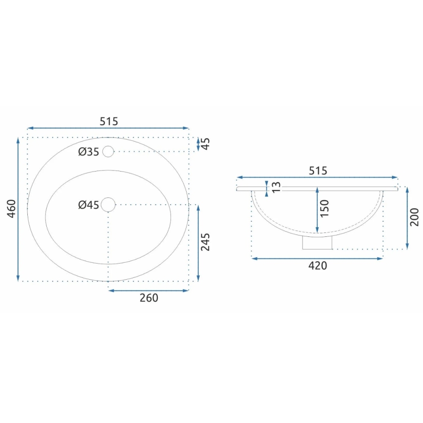 REA-U4122 - Lavabo encastré DALIA 46x51,5 cm céramique/blanc brillant