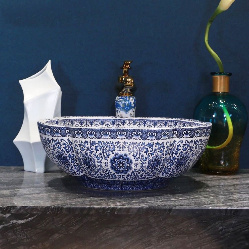 REA-U5666 - Opzetwastafel VIVIEN Ø 42,5 cm keramiek/ornamentaal motief