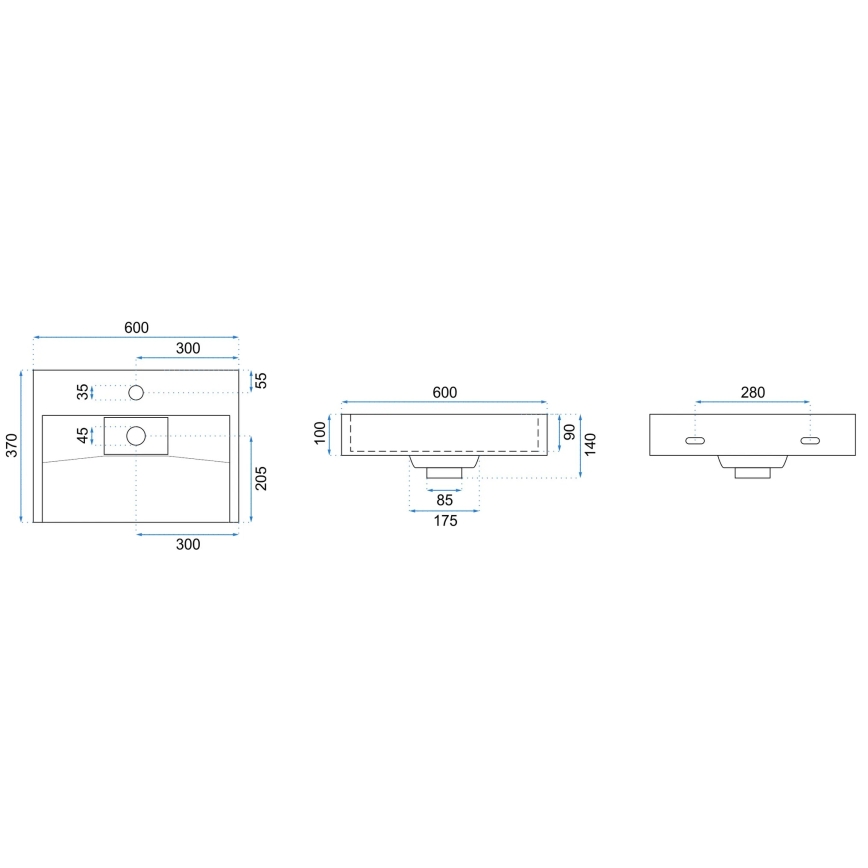 REA-U8901 - Opzetwastafel GOYA 37x60 cm, composiet/mat wit