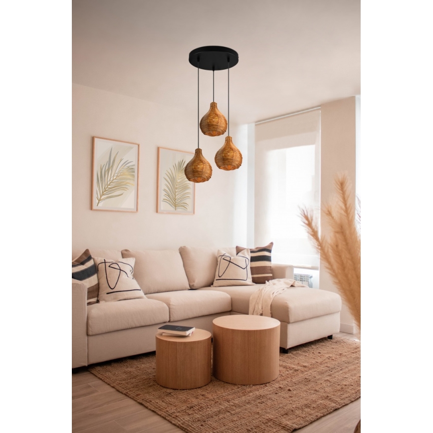 Reality - Suspension sur câble SPROUT 3xE14/40W/230V marron/rotin