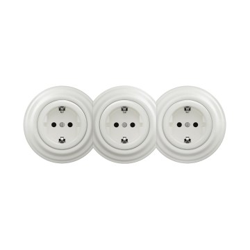 Reblig - Driedubbele retro-wandcontactdoos voor huishoudelijk gebruik met SCHUKO-afdekraam 230V keramisch wit