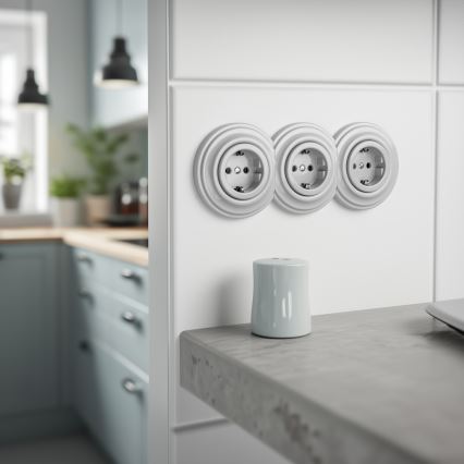 Reblig - Driedubbele retro-wandcontactdoos voor huishoudelijk gebruik met SCHUKO-afdekraam 230V keramisch wit