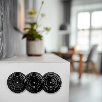 Reblig - Drievoudig retro stopcontact met afdekraam SCHUKO 230 V zwart