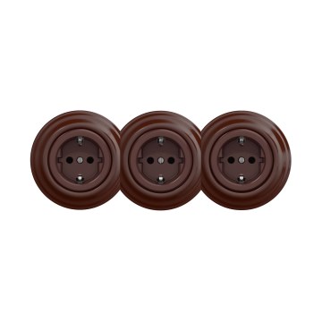 Reblig - Drievoudige retro wandcontactdoos met afdekraam, SCHUKO 230 V, bruin