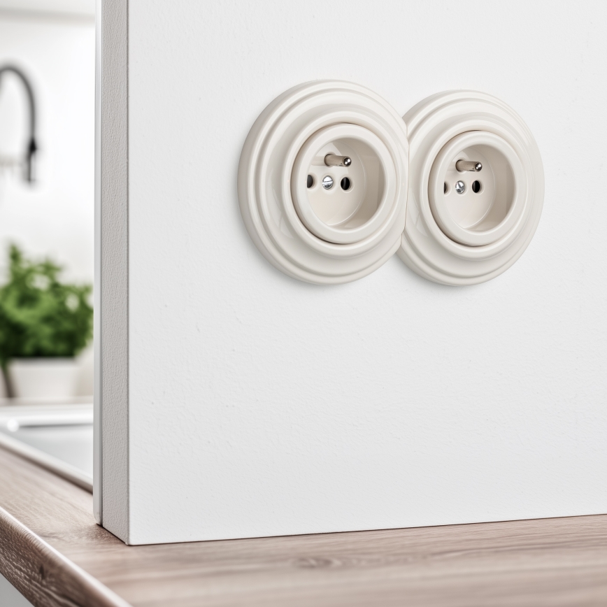 Reblig - Dubbel retro stopcontact met afdekraam, 230 V, beige
