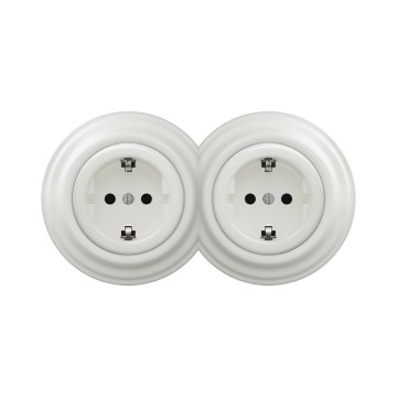 Reblig -Dubbel retro stopcontact met afdekraam SCHUKO 230V keramisch wit