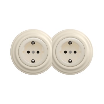 Reblig - Dubbele retro wandcontactdoos met afdekraam SCHUKO 230V beige