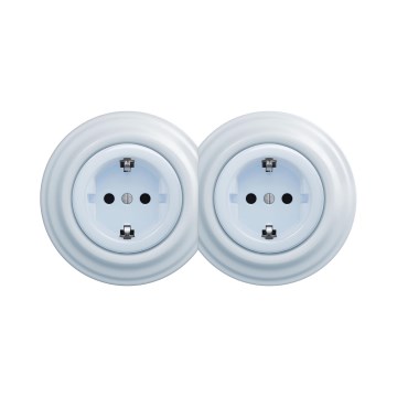 Reblig - Dubbele retro wandcontactdoos met afdekraam SCHUKO 230V blauw