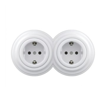 Reblig - Dubbele retro wandcontactdoos met frame SCHUKO 230V sneeuwwit