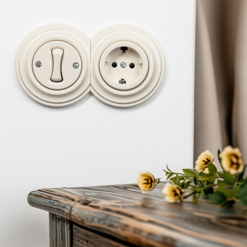 Reblig - Ensemble rétro : interrupteur unipolaire n° 1 et prise SCHUKO 230 V avec cadre beige