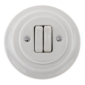 Reblig - Interrupteur double rétro en porcelaine avec cadre n° 5, blanc