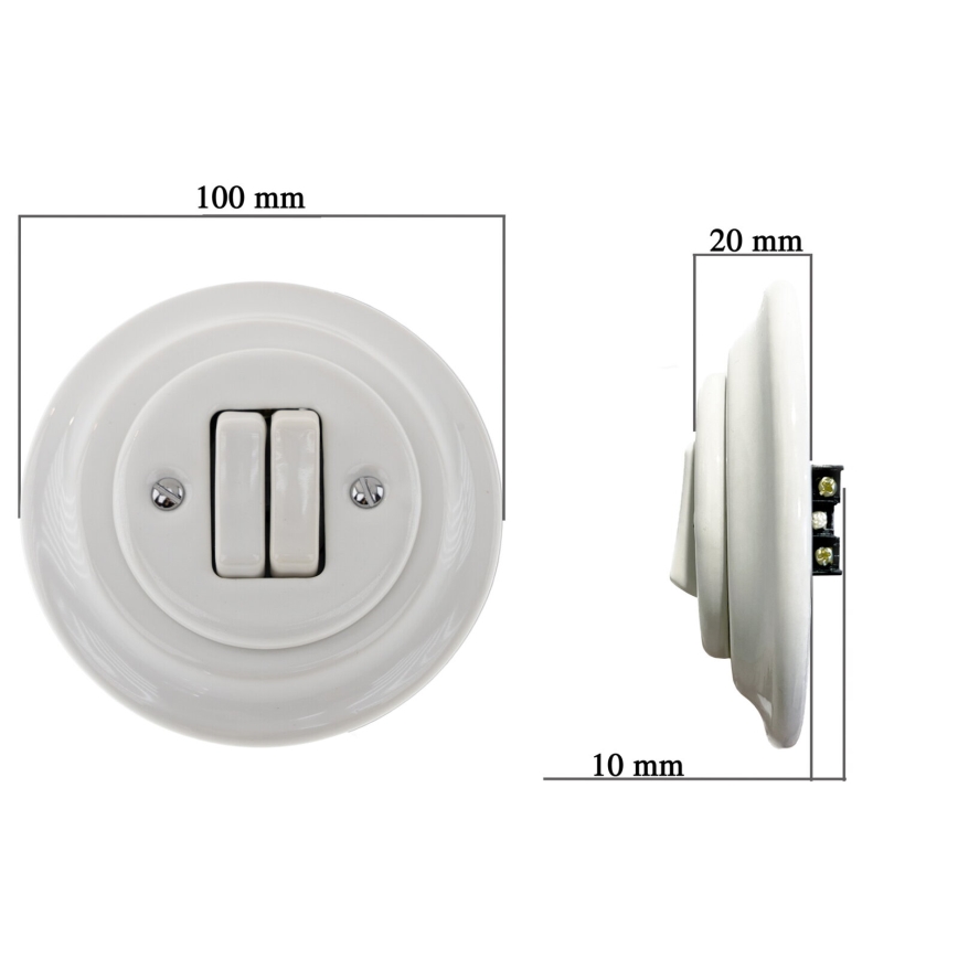 Reblig - Interrupteur double rétro en porcelaine avec cadre n° 5, blanc
