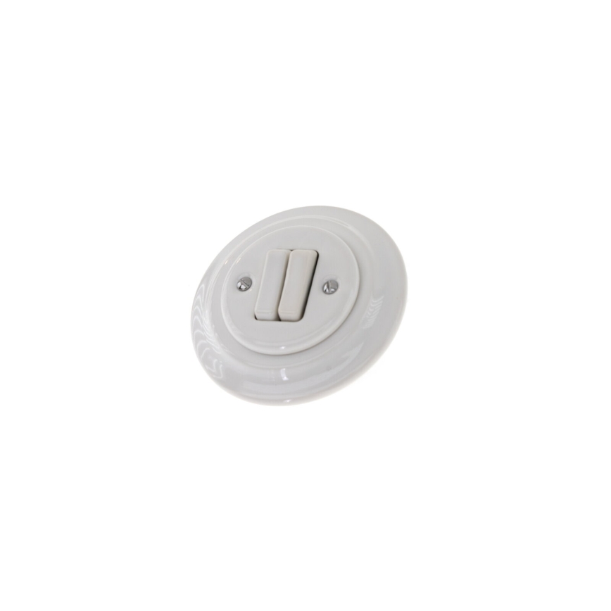 Reblig - Interrupteur double rétro en porcelaine avec cadre n° 6+6, blanc