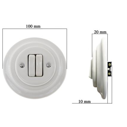 Reblig - Interrupteur double rétro en porcelaine avec cadre n° 6+6, blanc