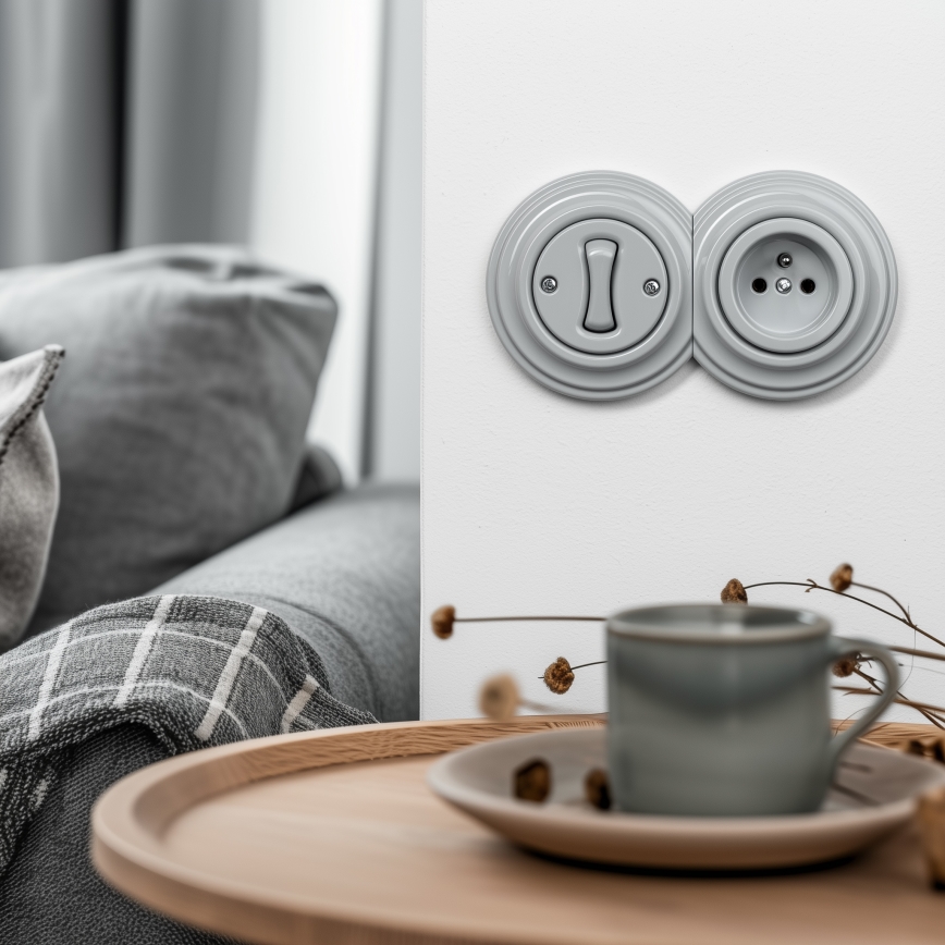 Reblig - Interrupteur unipolaire rétro n° 1 et prise 230 V avec cadre, gris