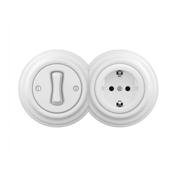 Reblig - Interrupteur unipolaire rétro n° 1 et prise SCHUKO 230V avec cadre, blanc neige