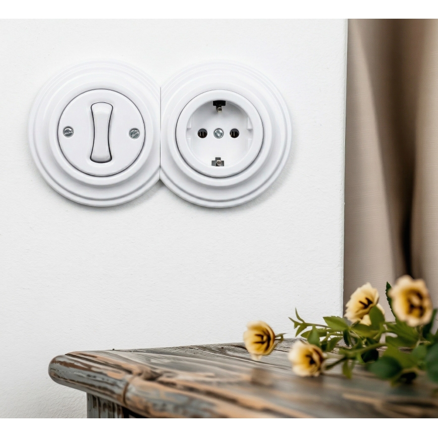 Reblig - Interrupteur unipolaire rétro n° 1 et prise SCHUKO 230V avec cadre, blanc neige