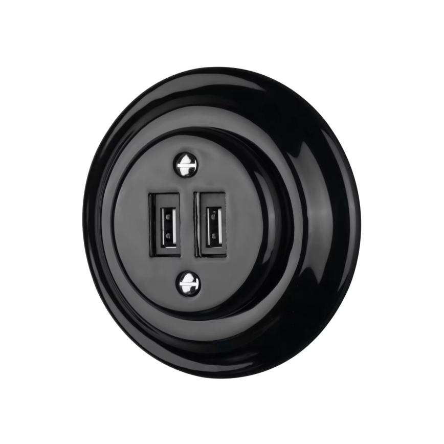 Reblig - Porseleinen retro USB-stopcontact zonder rand, 2x USB-A, zwart