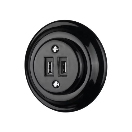 Reblig - Porseleinen retro USB-wandcontactdoos, randloos, 2x USB-A, zwart