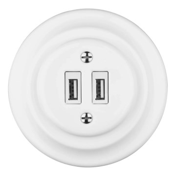 Reblig - Porseleinen retro USB-wandcontactdoos met afdekraam, 2x USB-A, wit