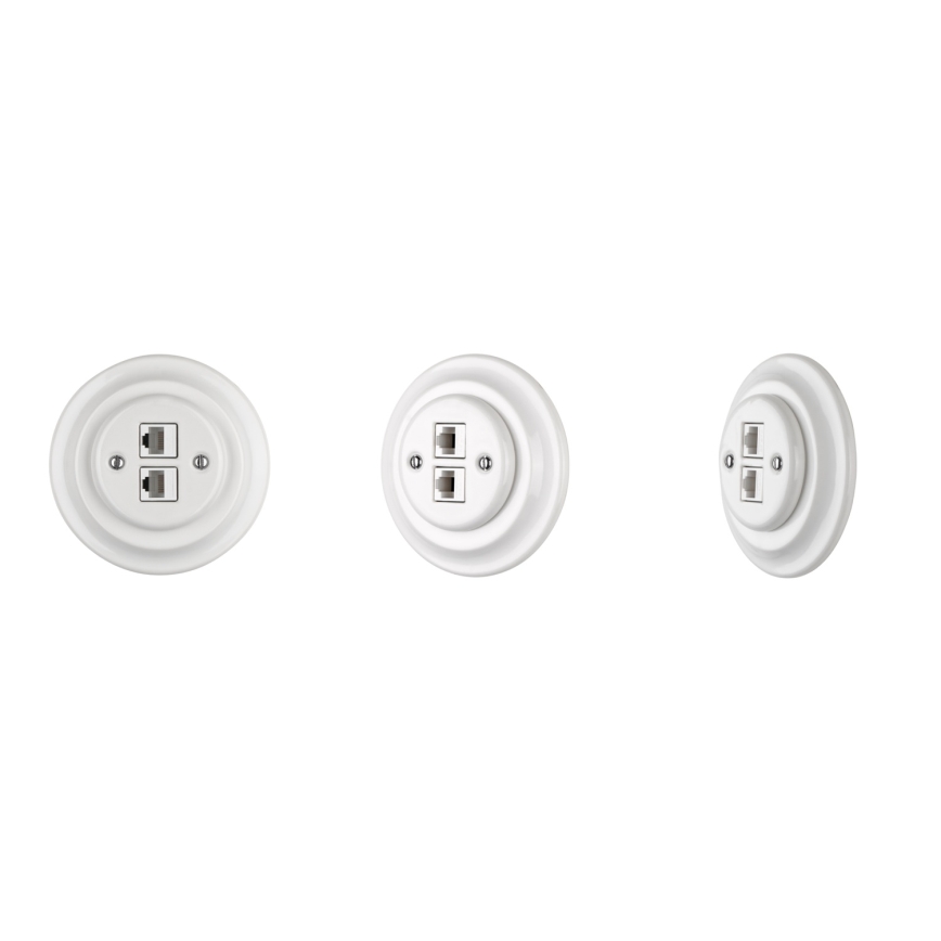 Reblig - Prise Ethernet murale rétro en porcelaine avec cadre, 2x Cat5e, blanche