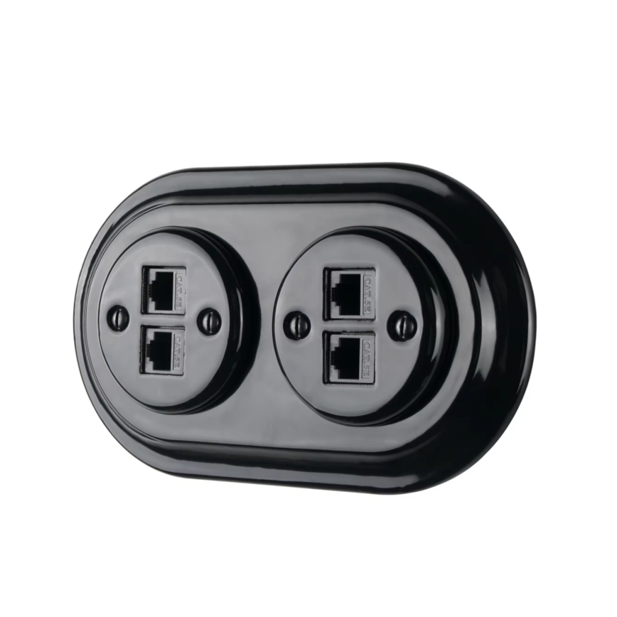 Reblig - Prise Ethernet rétro en porcelaine avec cadre, 2x Cat5e, noire